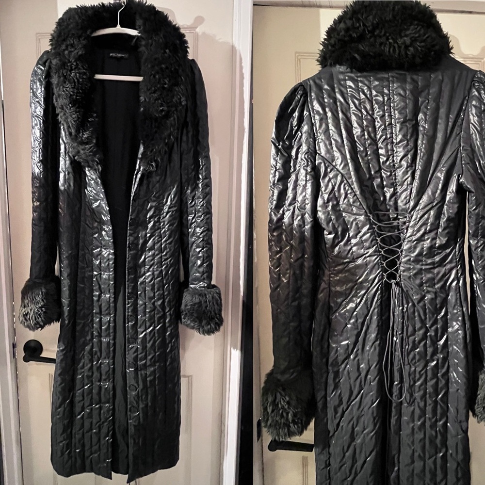 Betsey Johnson Vintage Black Quilted Trench Coat with Faux Fur